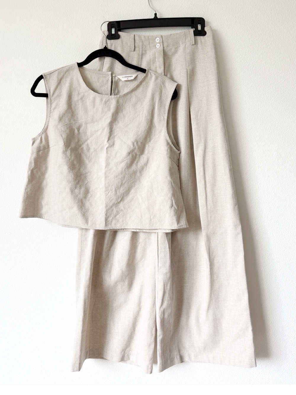 Commense Two-Piece Linen Set in Light Beige - Sleeveless Top & Wide Leg Pants - Picture 12 of 16